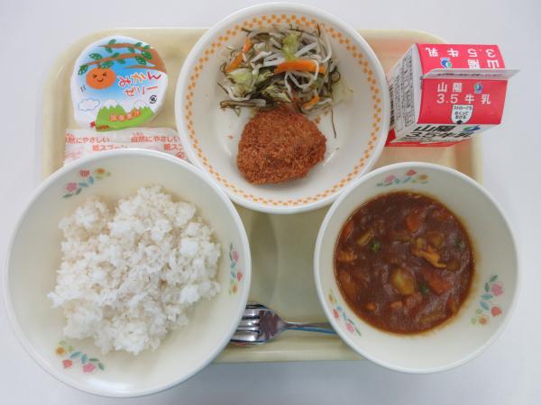 カツカレー 牛乳 海藻サラダ みかんゼリー
