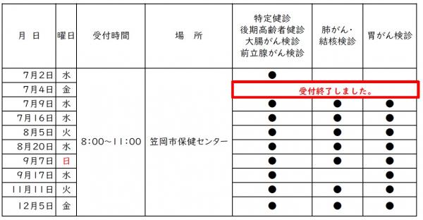 保健センター日程一覧表