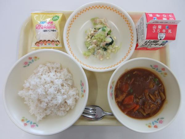 カレーライス 牛乳 ツナとチーズのサラダ 豆乳クリーム 大福